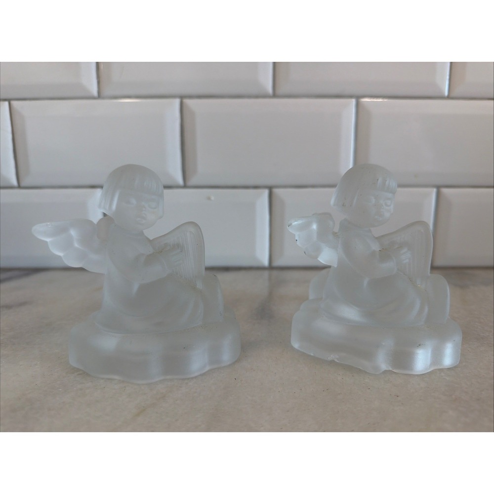 Set Of 2 Vintage 1995 MJ Hummel Frosted Crystal Glass Candle Holder Angel Avon 2